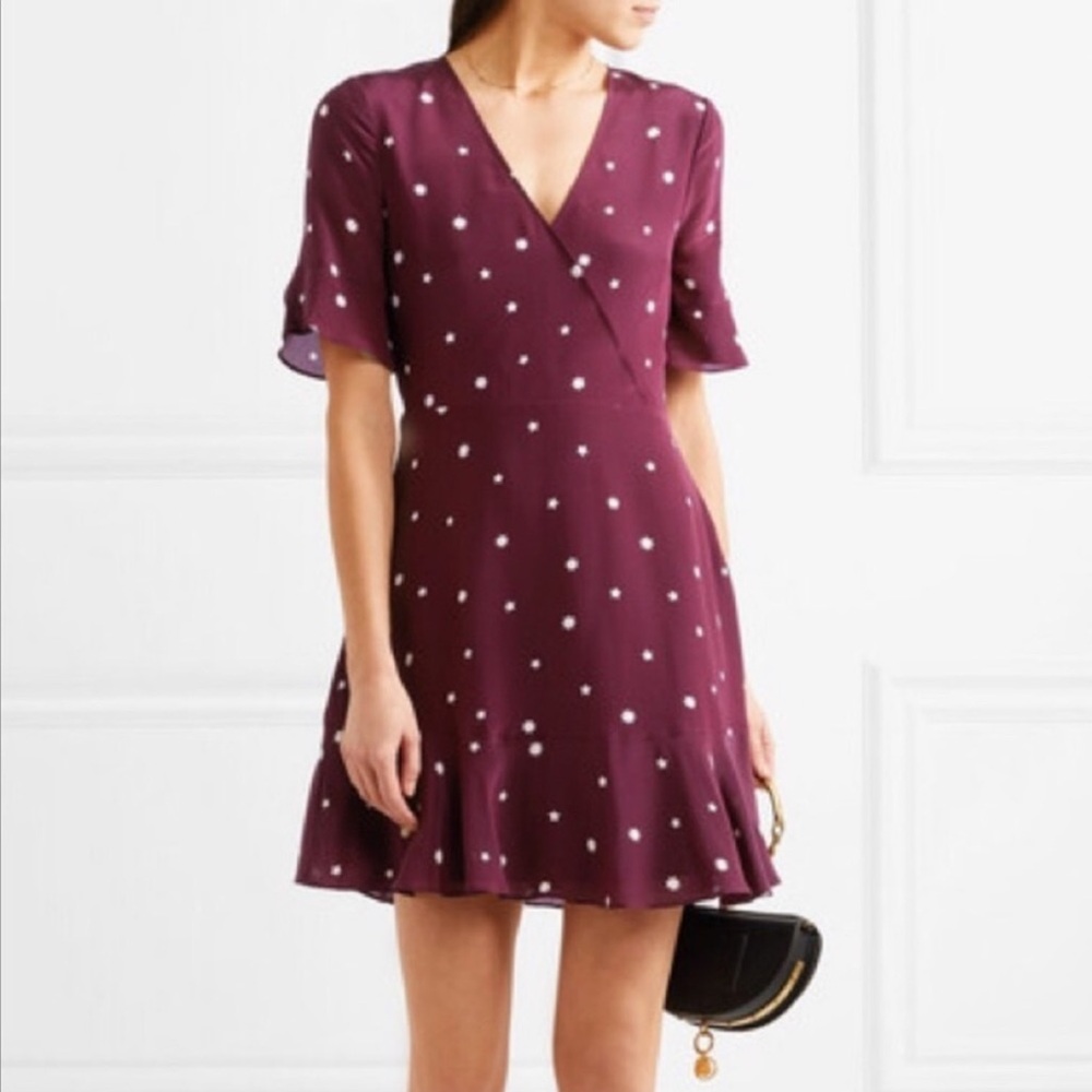 Madewell Silk Burgundy Star Print Fuax Wrap Mini Dress 4